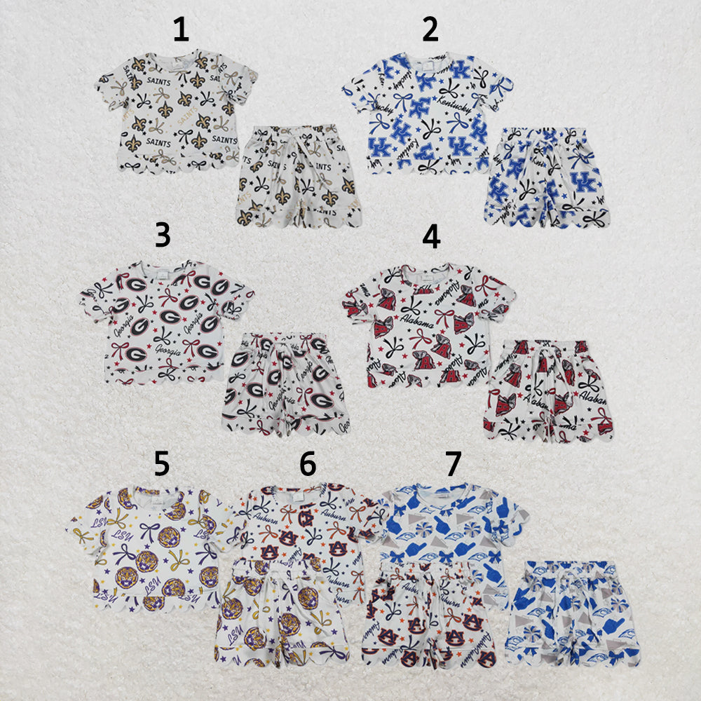 RTS NO MOQ Sibling milk silk Baby Girls Star Bow Top Scallop Short Team Set
