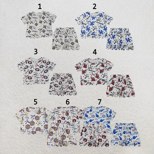 RTS NO MOQ Sibling milk silk Baby Girls Star Bow Top Scallop Short Team Set