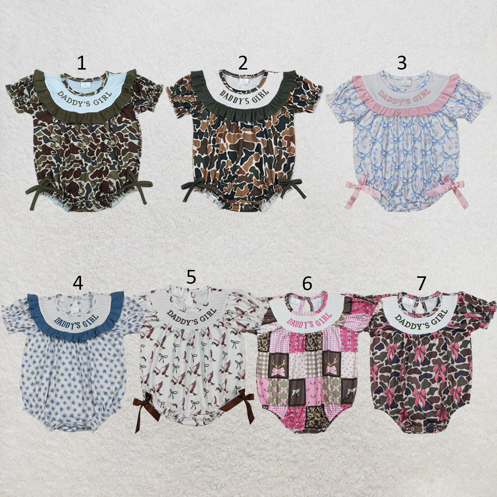 RTS NO MOQ Sibling milk silk Baby Girls Embroidery Blue Bows DADDY'S GIRL Ruffle Rompers