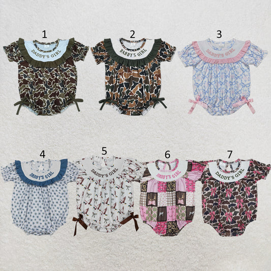 RTS NO MOQ Sibling milk silk Baby Girls Embroidery Blue Bows DADDY'S GIRL Ruffle Rompers