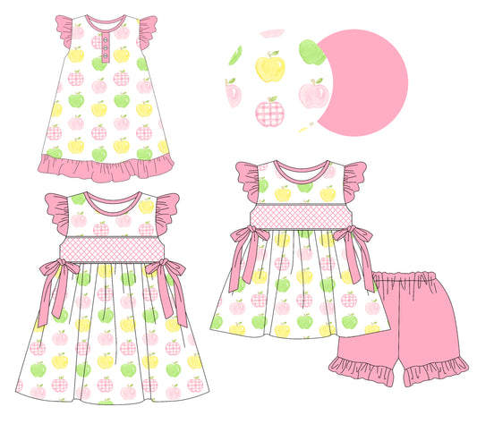 3.11 custom each style moq 5eta 4-6week Sibling Sisters apple baby girl short sleeve shorts sets and dress and rompers match family design