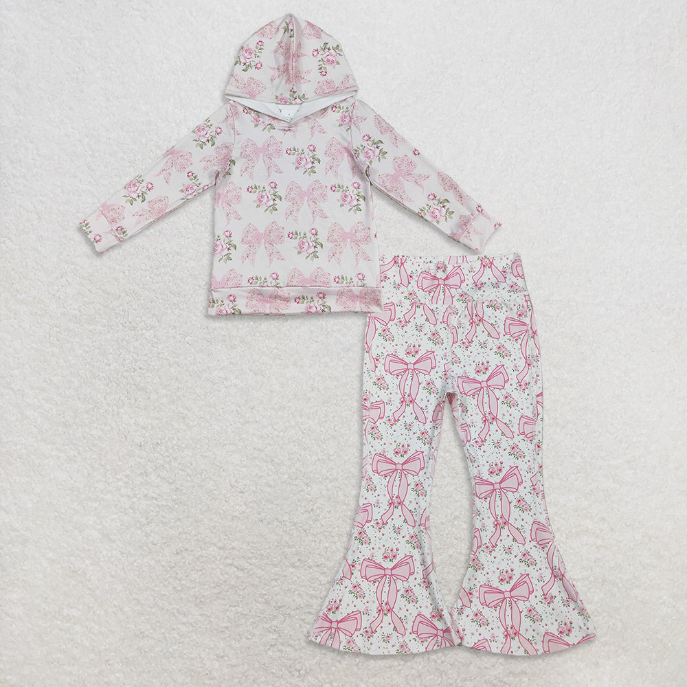 RTS NO MOQ GT1058 Baby Girls Long Sleeves Pink Floral Bows Hoodiessets  yoga fabric sets