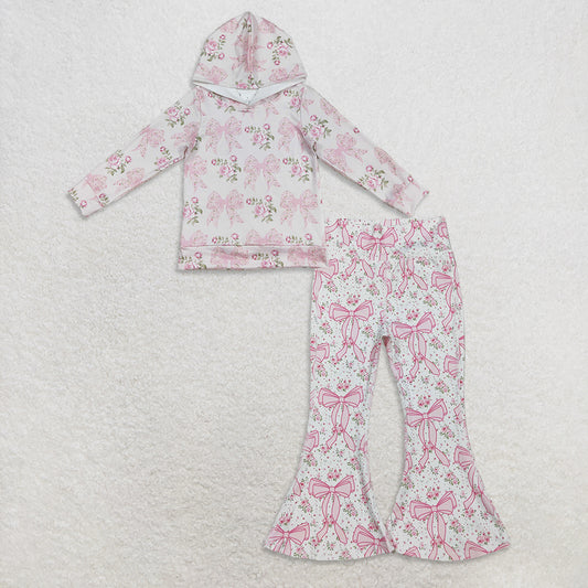 RTS NO MOQ GT1058 Baby Girls Long Sleeves Pink Floral Bows Hoodiessets  yoga fabric sets