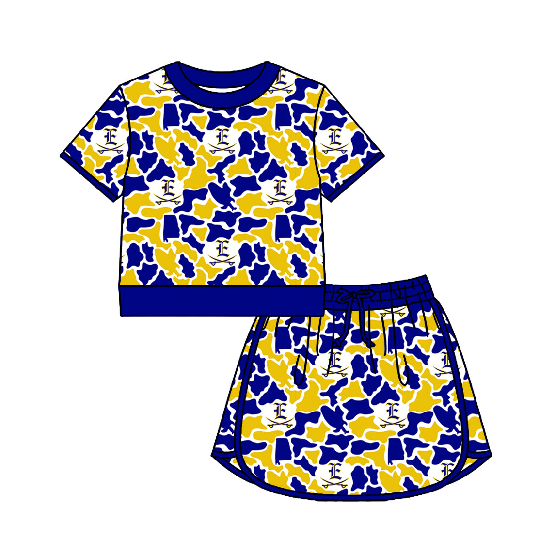 Custom moq 5 mix size summer teams Baby Girls Summer Casual Camouflage Short Sleeve Top And Skirt Outfit