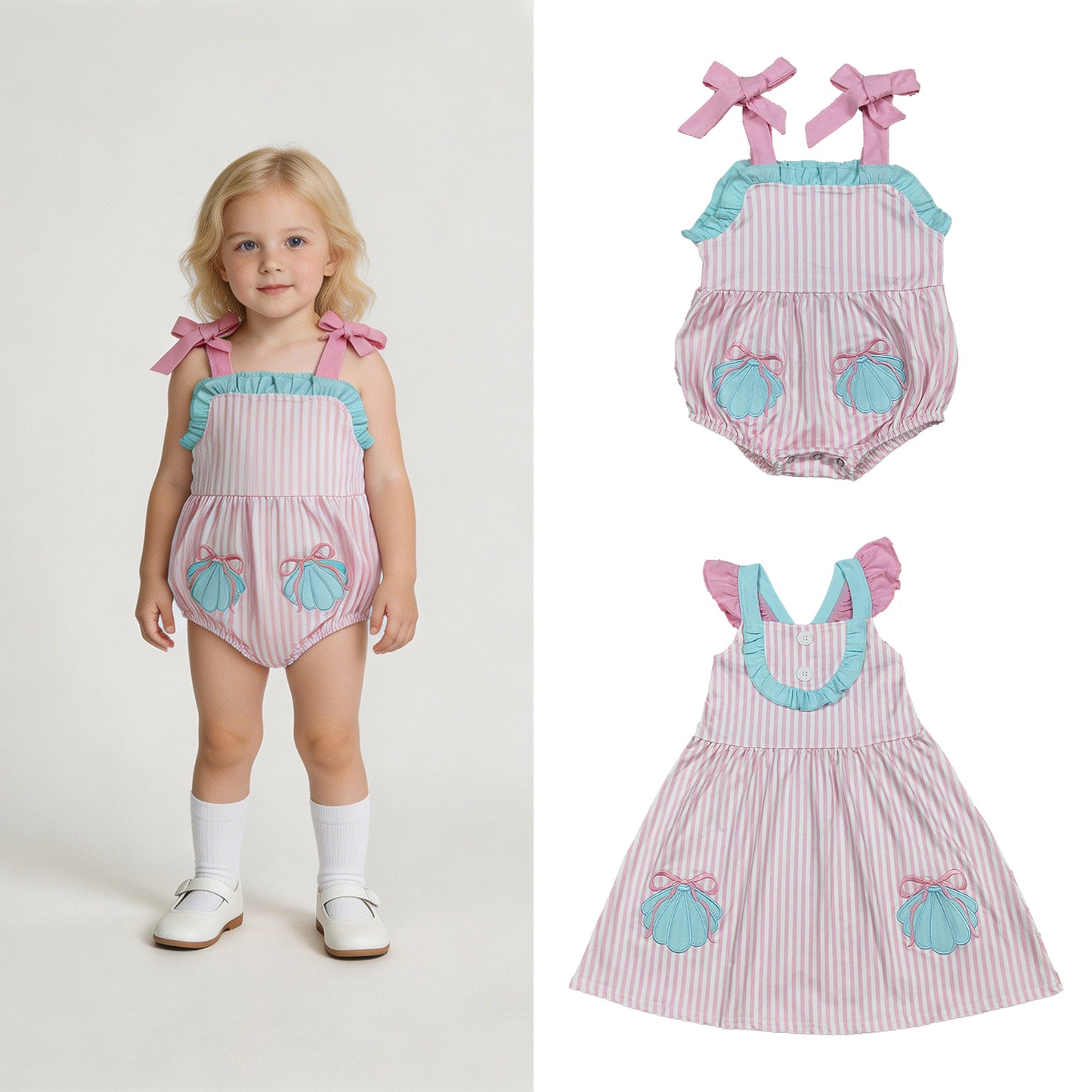 RTS NO MOQ Sibling milk silk Baby Girls Embroidery Bow Shells Pink Stripe Button Knee Length Dresses Ruffle Rompers