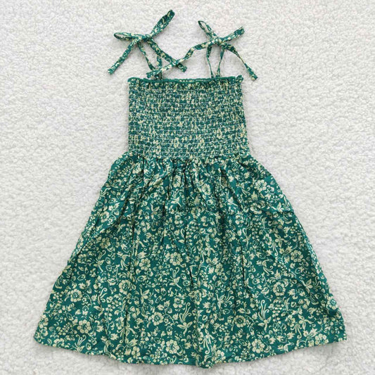 RTS NO MOQ（In Stock) GSD0369 White Floral Green Elastic Dress