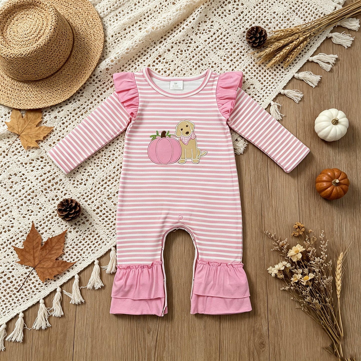 NEW RTS NO MOQ milk silk LR3140 Embroidery Baby Girls Pink Stripe Pumpkin Dog Print Long Sleeve Ruffle Fall Romper