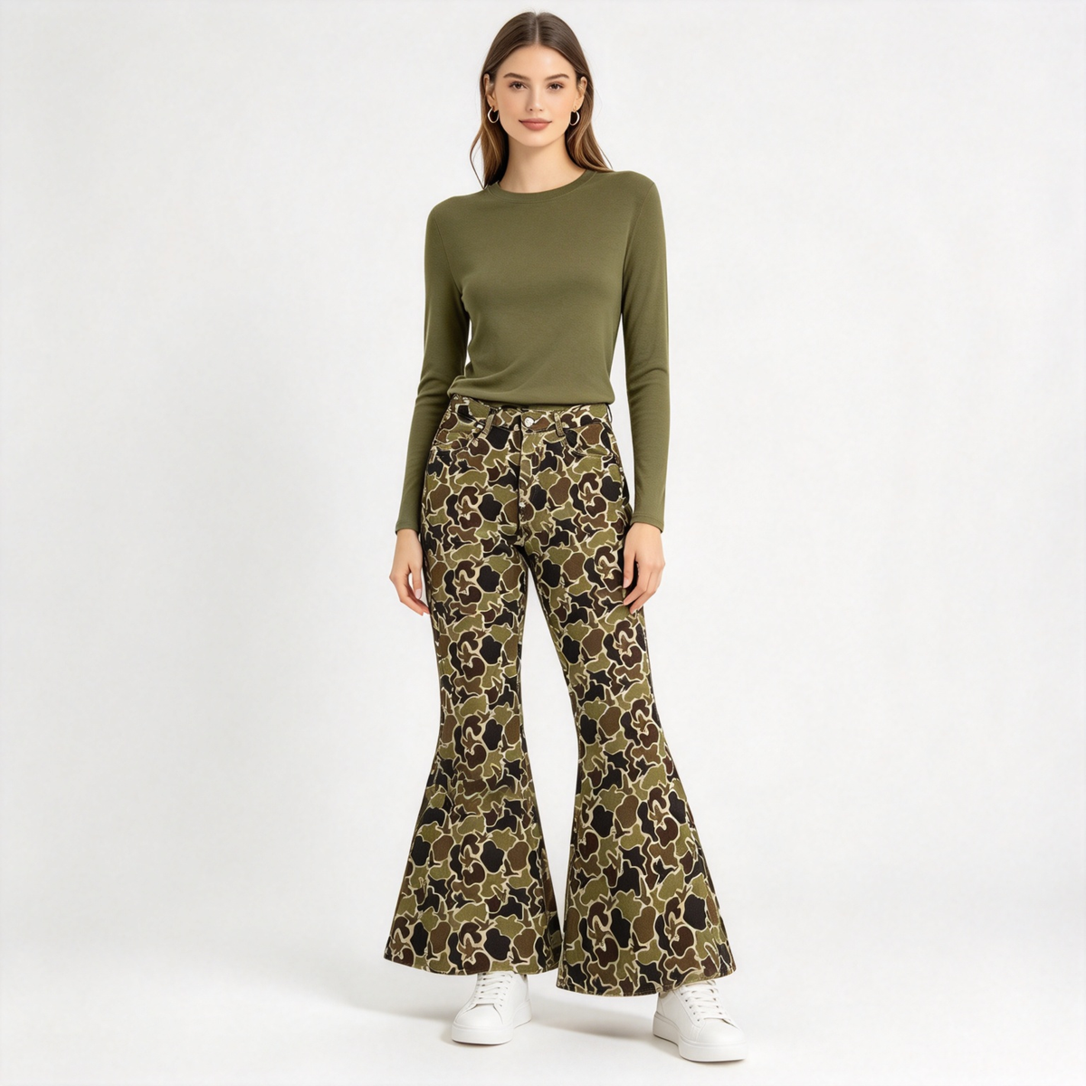 RTS NO MOQ Sibling Denim Adult Women Camo Print Denim Bell Pants Jeans