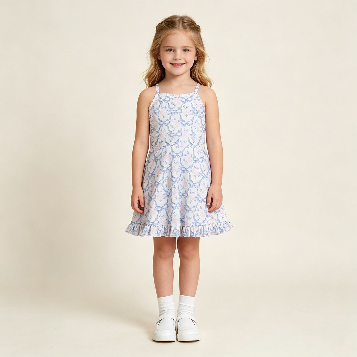 RTS NO MOQ GSD2580 Baby Girls Summer Strap Floral Blue Bow Ruffle Athletic Yoga Dress（12-18M-14-16T）