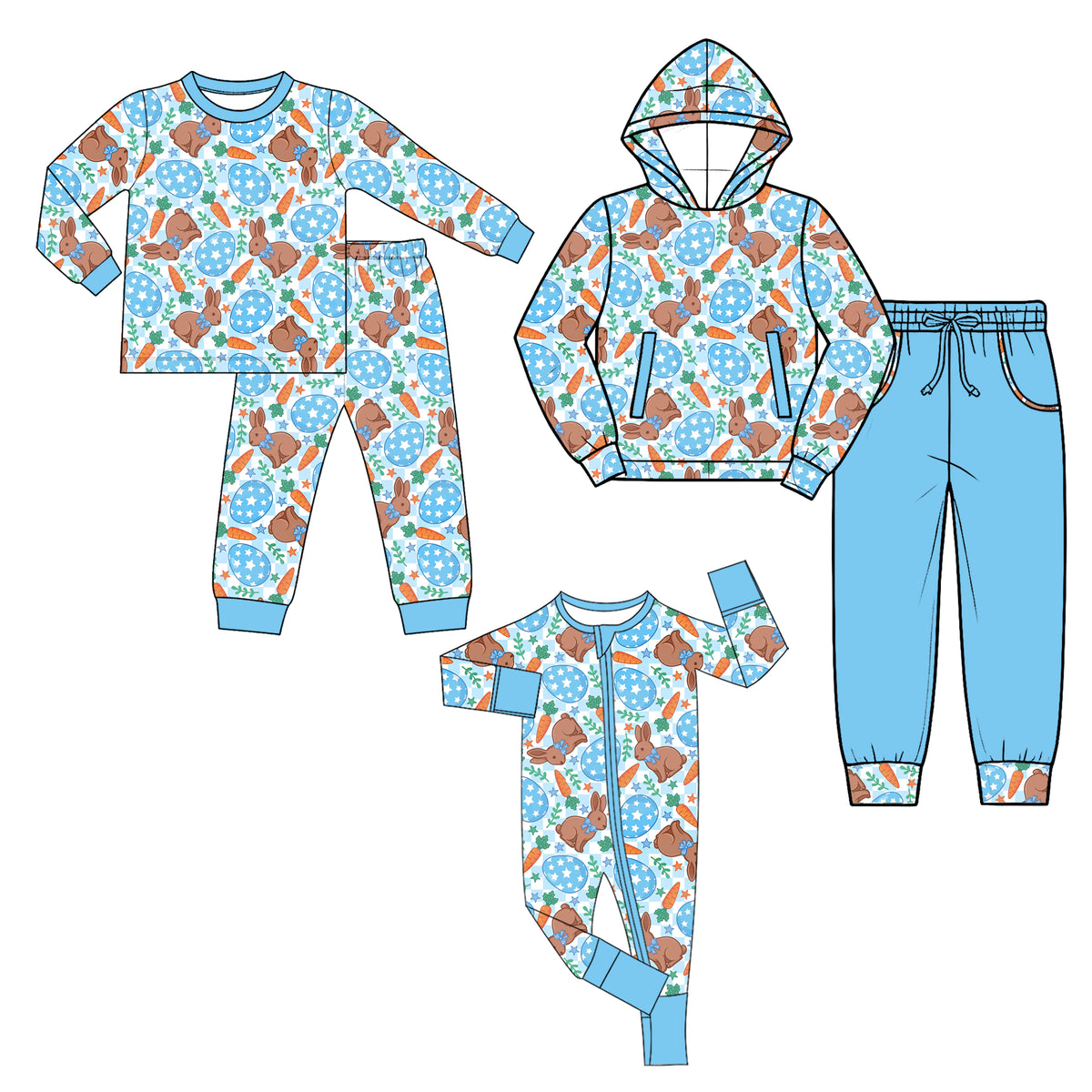 (Preorder new) No moq Baby Easter Bunny Carrot Print Outfit Sets Toddler Long Sleeve Pajama Set Hoodie And Zipper Romper