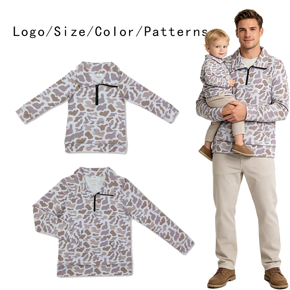 RTS NO MOQ Sibling milk silk Adult To Match Kids Khaki Camo Quarter Zip Long Sleeve Pullover Top