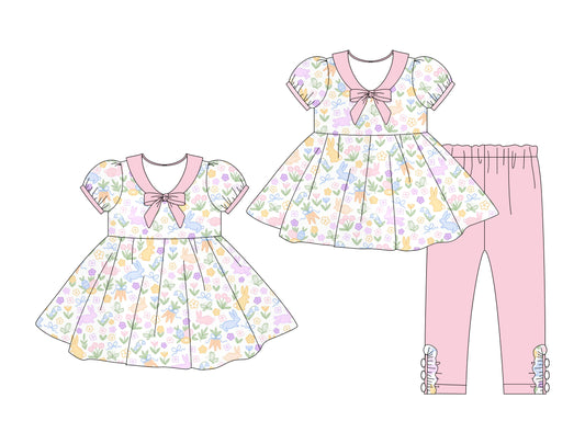 25.10.9 custom each style moq 8 eta 6-8week Sibling Sisters bunny floral baby girl short sleeve pants sets and dress match family design