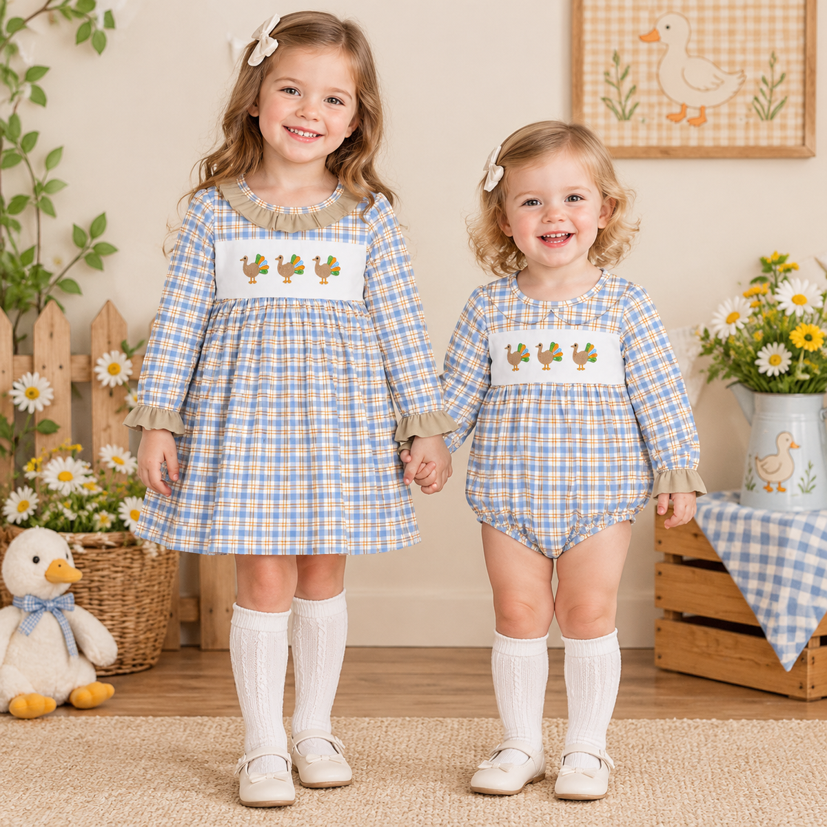 RTS NO MOQ Sibling milk silk Embroidered Baby Girls Thanksgiving Plaid Turkey Embroidery Long Sleeve Dress Ruffle Neck Outfit Romper