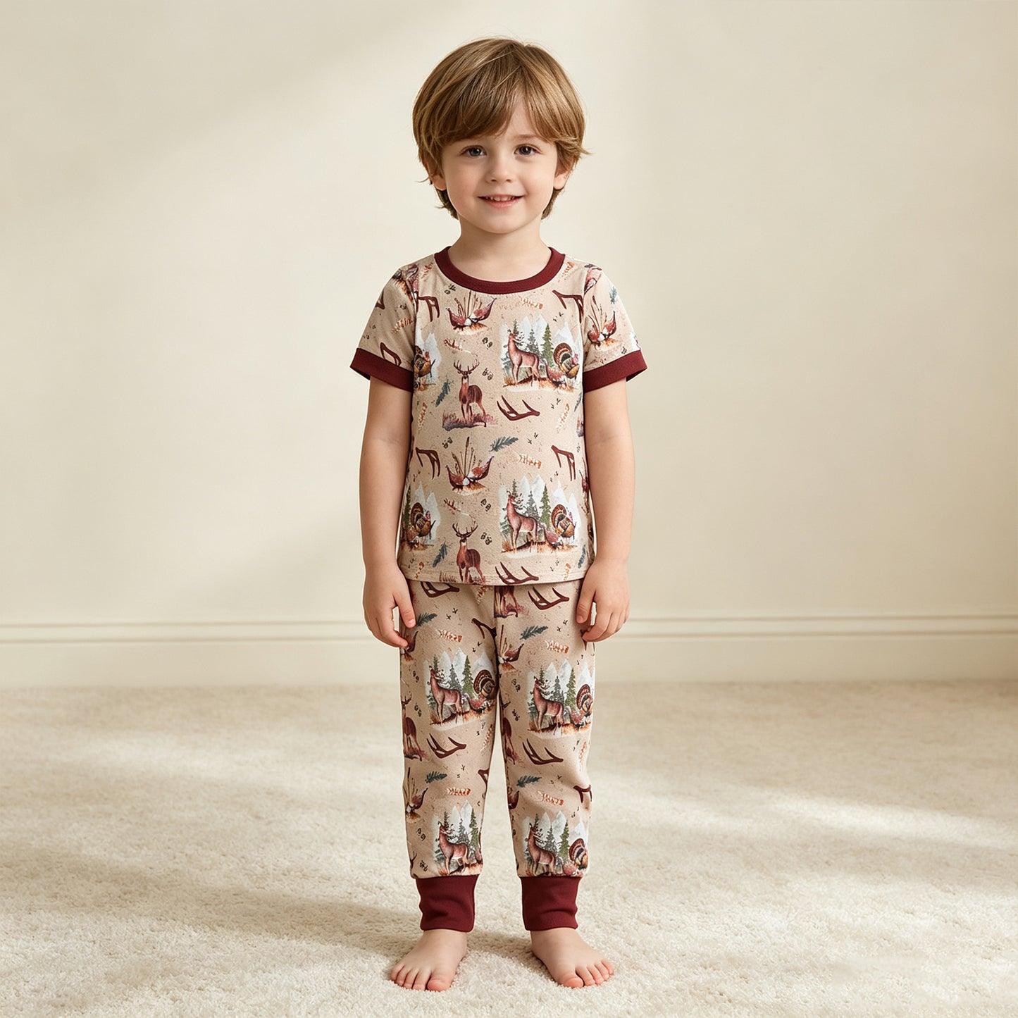 NEW RTS NO MOQ milk silk BSPO0494 Baby Boys Deer Turkey Short Sleeve Top Matching Pants Fall Winter Pajamas Set
