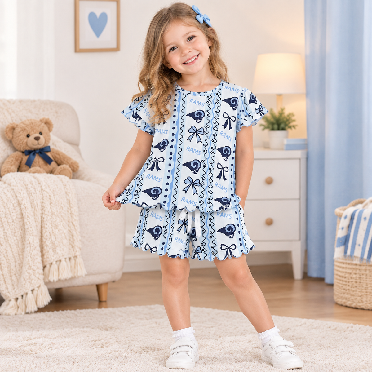 NEW RTS NO MOQ milk silk GSSO3853 Baby Girls Bows Stripe Top Short Team Scallop Sets