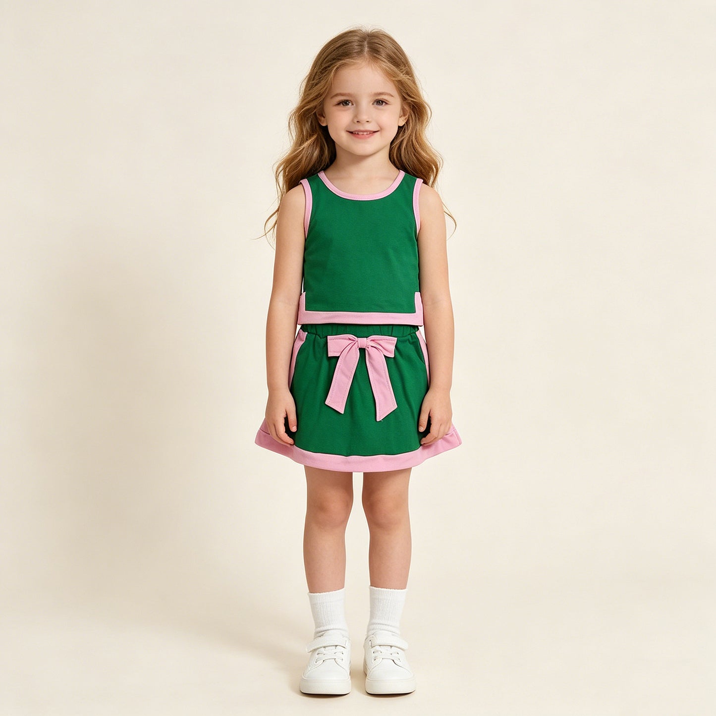 RTS NO MOQ cotton GSD3830 Baby Girls Green Pink Sleeveless Vest Ruffle Bow Skirt Set