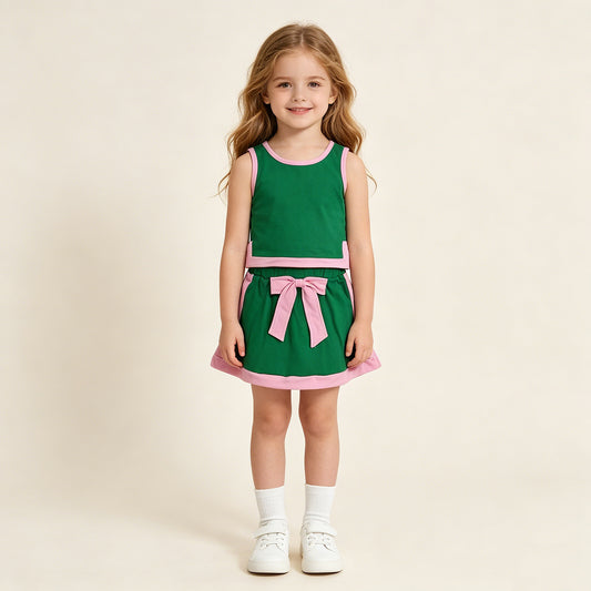 RTS NO MOQ cotton GSD3830 Baby Girls Green Pink Sleeveless Vest Ruffle Bow Skirt Set