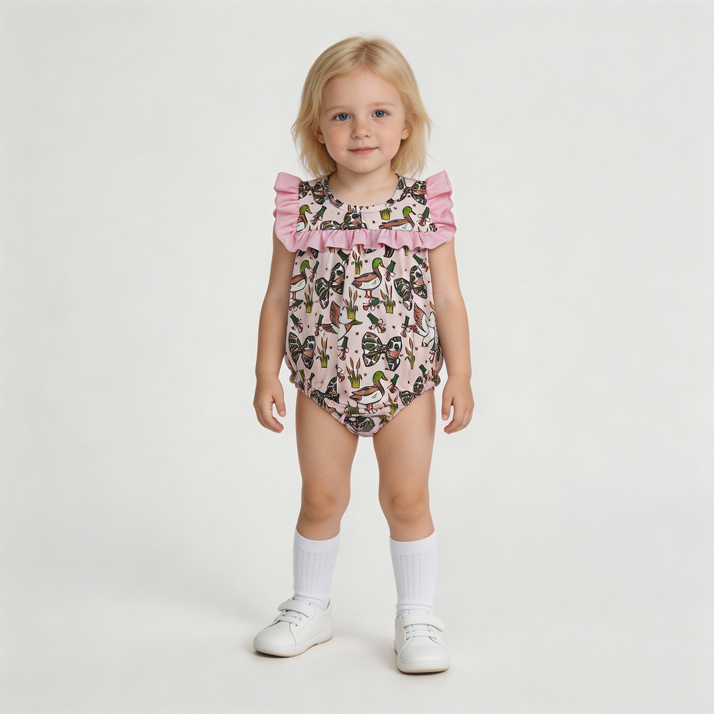 RTS NO MOQ milk silk SR4160 Baby Girls Cute Ducks Hunting Camo Sleeveless Bows Ruffle Romper