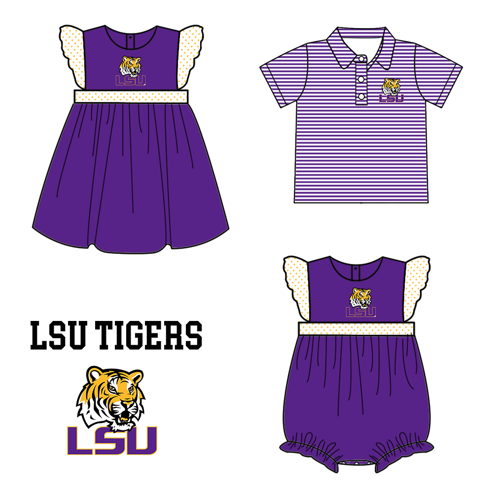 Custom moq 5 mix size milk silk summer teams Baby Boy's Purple Striped Short-Sleeved Polo Shirt with Matching Girl's Purple Flutter Sleeve Dress Romper