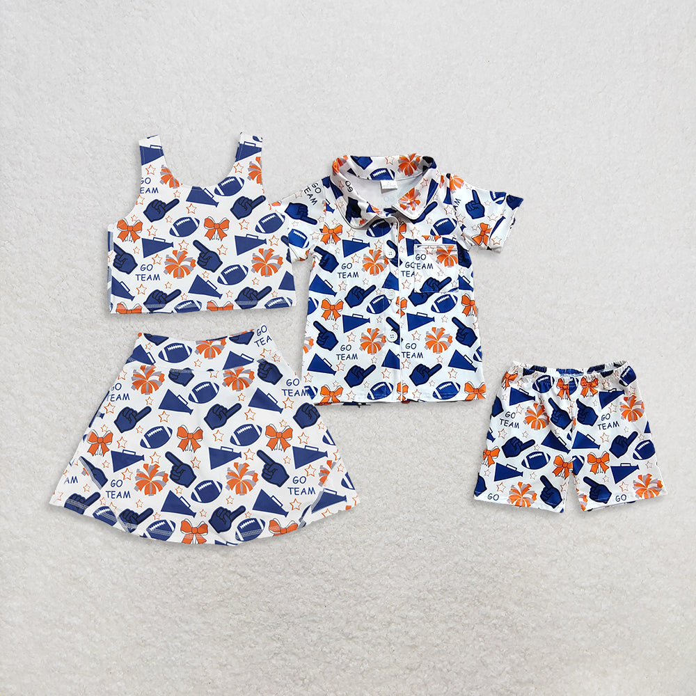 RTS NO MOQ Sibling baby girl clothes team cheer skirt yoga sets and shorts sets