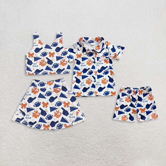 RTS NO MOQ Sibling baby girl clothes team cheer skirt yoga sets and shorts sets