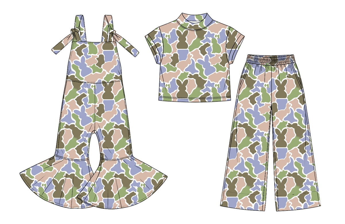 custom moq 5 mix size SETR05 Baby Girls Camo Easter Bunny Print Clothing Strap Flare Overalls Top And Elastic Waist Wide Leg Pants Spring Holiday Outfit Set