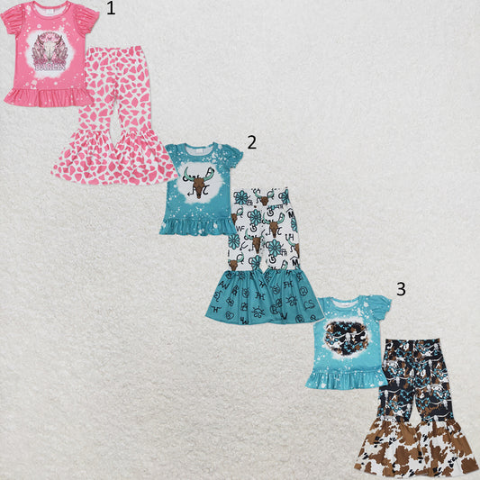 RTS NO MOQ Sibling milk silk Baby Girls Western Bull Skull Turquoise Top And Bell Bottom Pants Two Piece Outfit