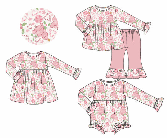 25.7.7 custom each style moq 5eta 4-6week Sibling Sisters Christmas trees pink baby girl long sleeve pants sets and dress and rompers match family design