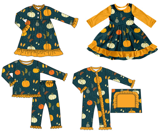 25.7.25 custom each style moq 5 eta 4-6week Sibling Sisters pumpkin baby girl long sleeve pants sets and romper and dress 1 and dress 2 match family design