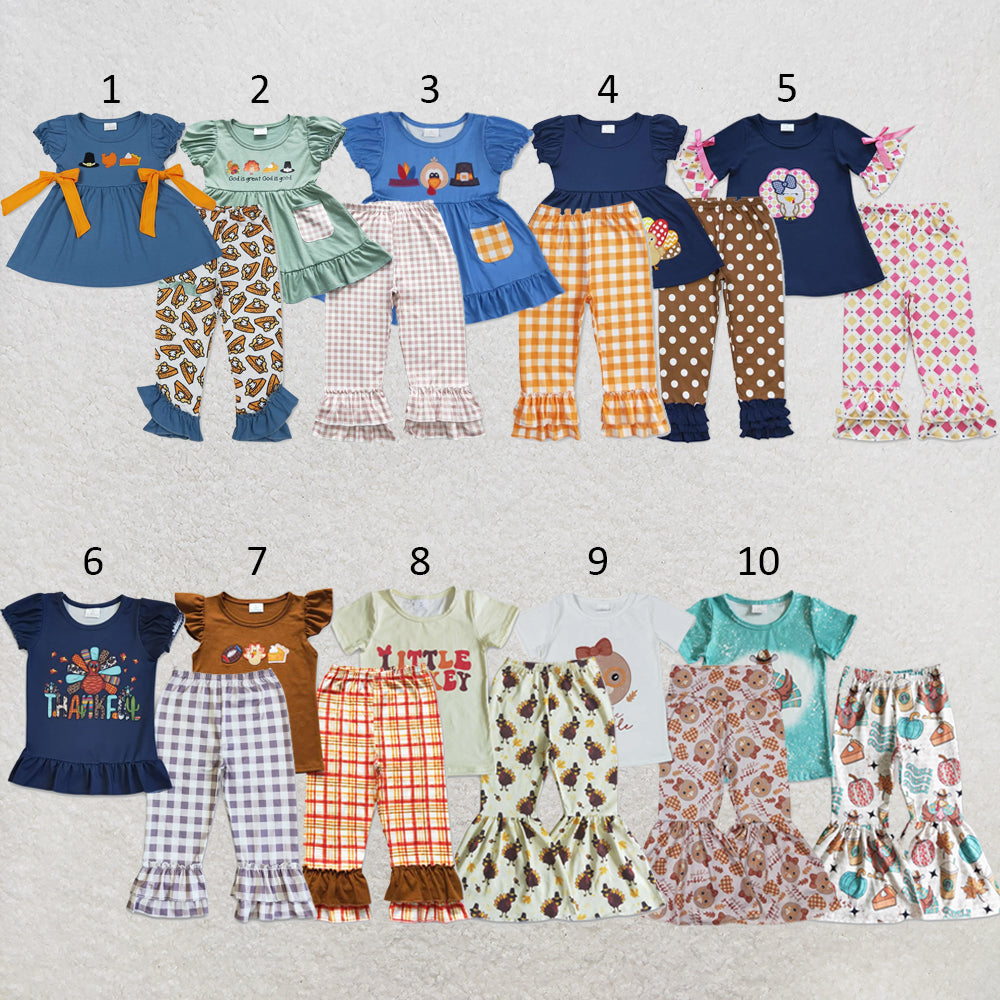 RTS NO MOQ Sibling milk silk Baby Girls Cute Thanksgiving Pies Print Top Ruffle Pants Two Piece Clothing Sets
