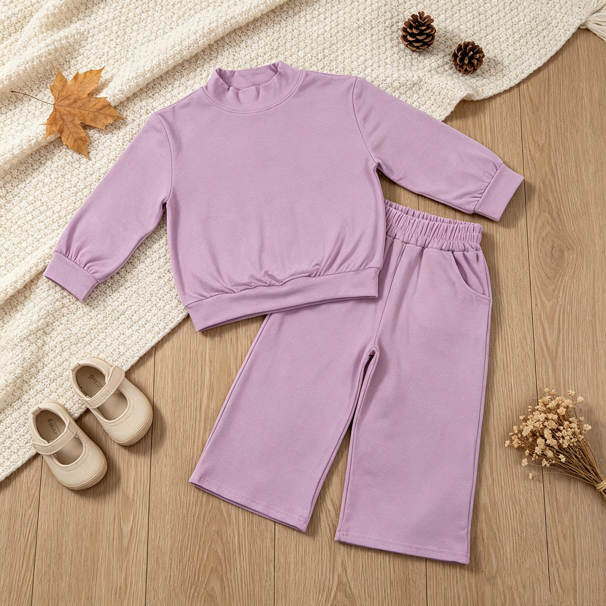NEW RTS NO MOQ cotton GLP3470 Baby Girls Lavender Pocket Long Sleeve Top Flare Pants Set Casual Sleepwear