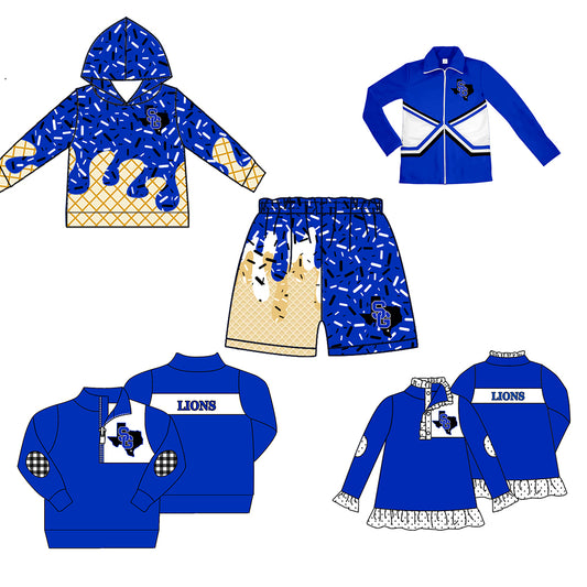 Custom moq 5 mix size milk silk baby girls clothes team blue hooded long sleeve tops and shorts and jacket and top 2-25.7.28