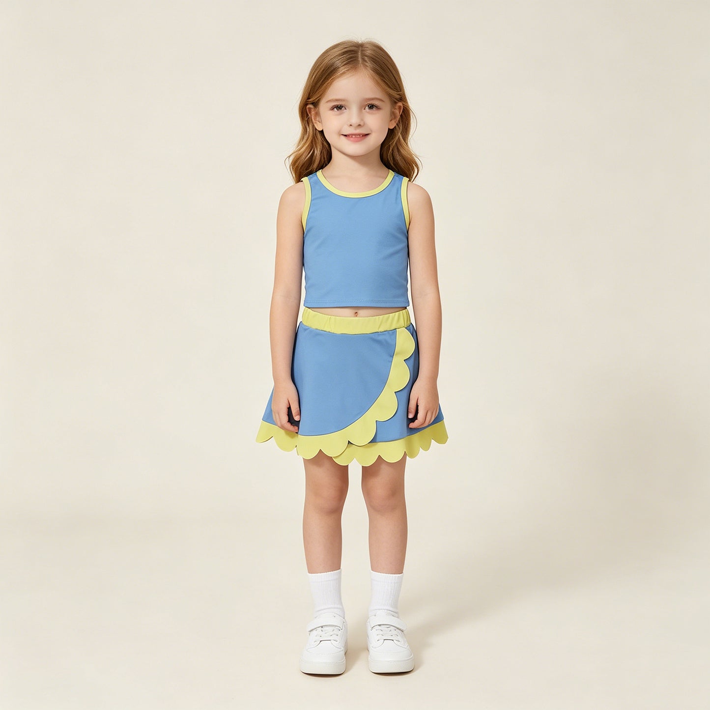 RTS NO MOQ yoga fabric cotton GSD4022 Baby Girls Sleeveless Blue Yellow Vest Scallop Skirt Short Yoga Active Clothes Set