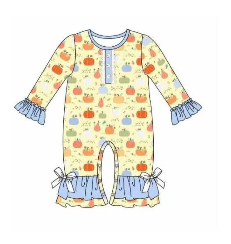 5.18custom each style moq 5eta 4-5week Sibling Sister pumpkin print yellow girls and boys outfits and baby romper and dress match family design