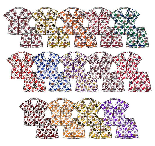 Custom moq 5 mix size milk silk summer teams Baby Girls Stars Bows Button Pocket Top Short Pajamas Sets Cute Infant Sleepwear