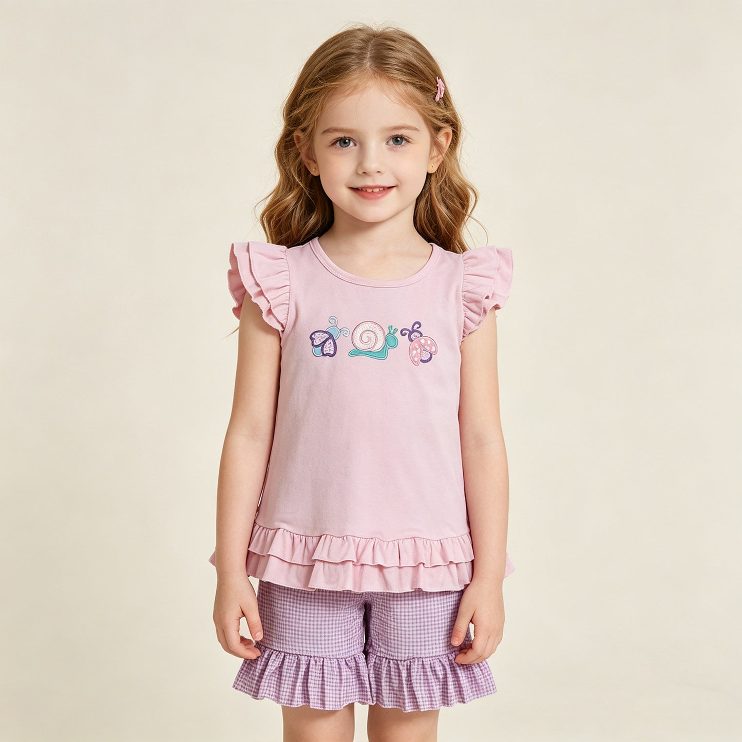 RTS NO MOQ GSSO3305 Baby Girls Embroidery Ladybugs Snails Ruffle Tunic Shorts Clothes Sets