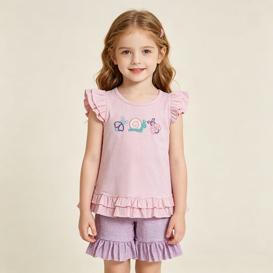RTS NO MOQ GSSO3305 Baby Girls Embroidery Ladybugs Snails Ruffle Tunic Shorts Clothes Sets
