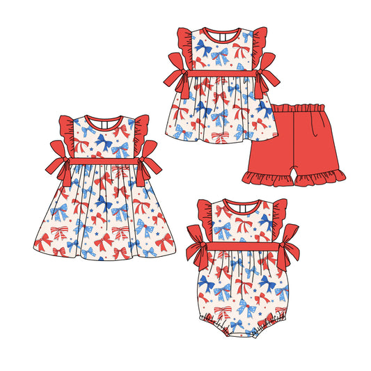 3.27 custom each style moq 5eta 4-6week Sibling Sisters bow baby girl short sleeve shorts sets and dress and rompers match family design