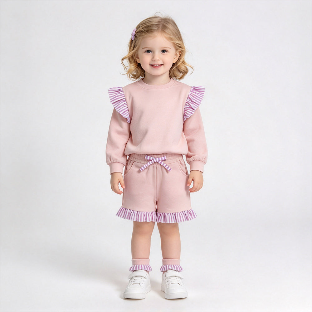 RTS NO MOQ Sibling cotton Baby Girls Solid Long Sleeve Top Striped Ruffle Hem Shorts Drawstring Waist Outfit
