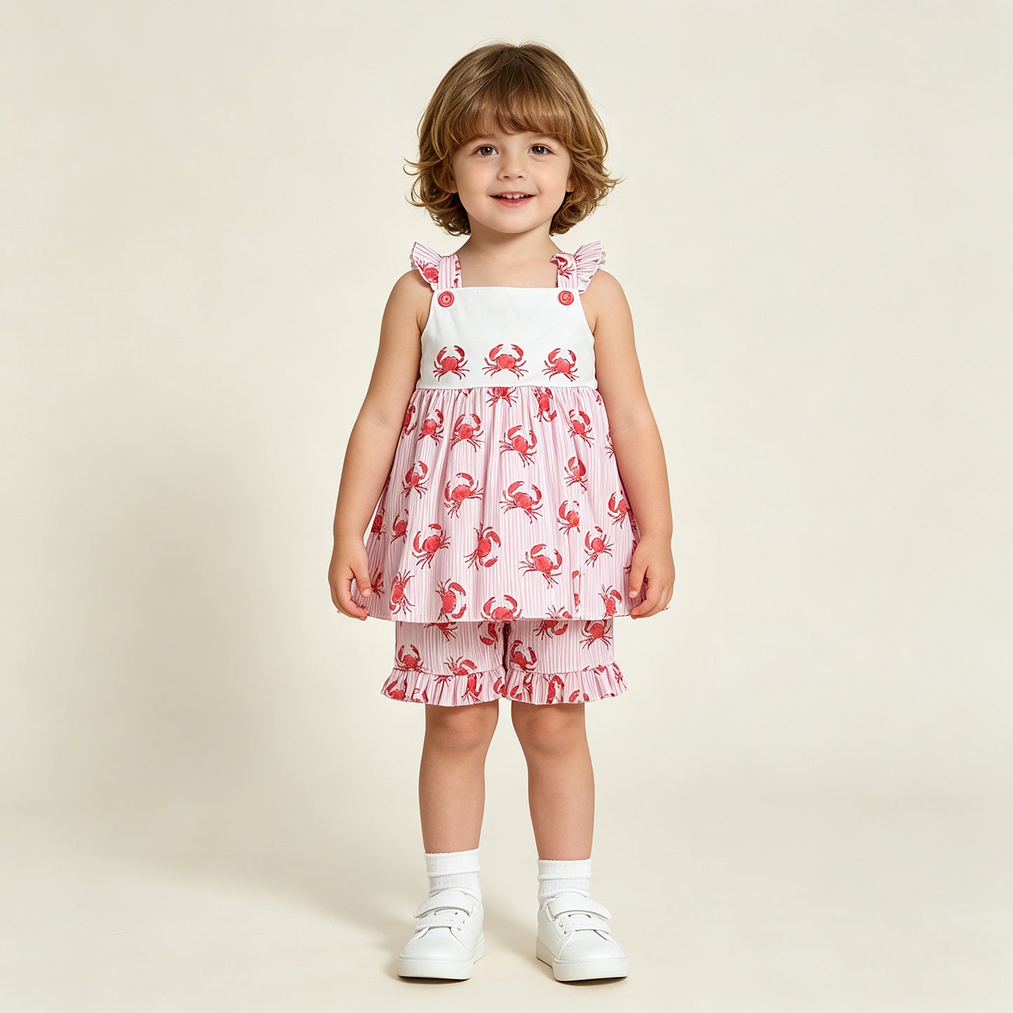 RTS NO MOQ GSSO3066 Baby Girls Cute Flutter Sleeve Pink Crab Stripe Tunic Ruffle Shorts
