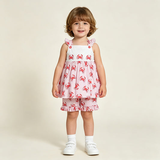 RTS NO MOQ GSSO3066 Baby Girls Cute Flutter Sleeve Pink Crab Stripe Tunic Ruffle Shorts
