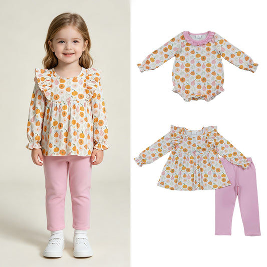 RTS NO MOQ Sibling milk silk Baby Girls Fall Pumpkin Print Tunic Top Matching Legging Pant Clothes Set  Ruffle Rompers