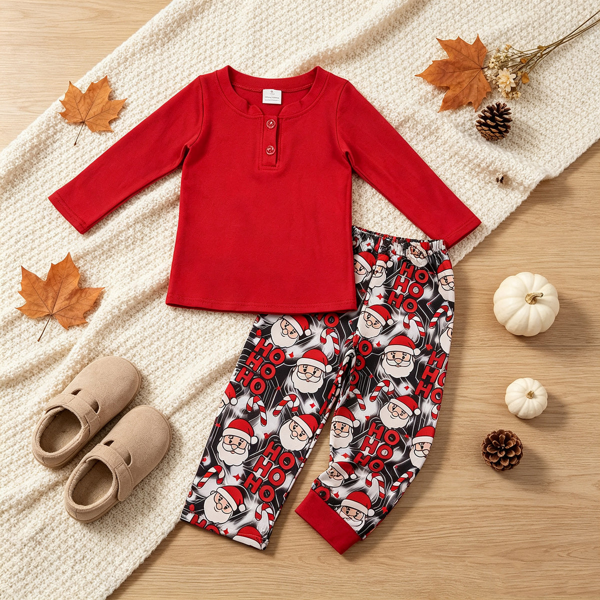 NEW RTS NO MOQ milk silk BLP1513 Baby Boys Solid Red Long Sleeve Top Santa Pants Winter Christmas Daily Clothes Set