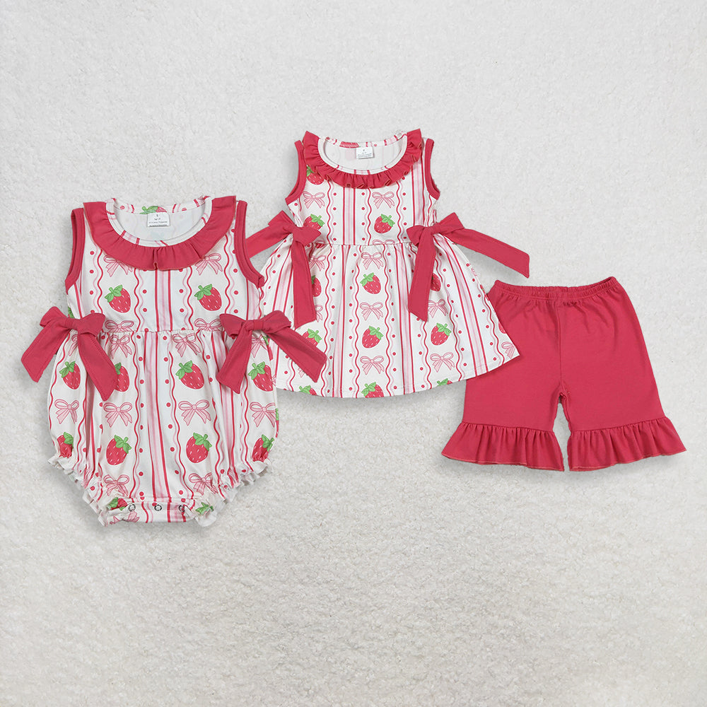 RTS NO MOQ Sibling Baby Girls Strawberry Bows Stripe Tunic Ruffle Shorts Outfit Set Rompers Clothing Set for Infants