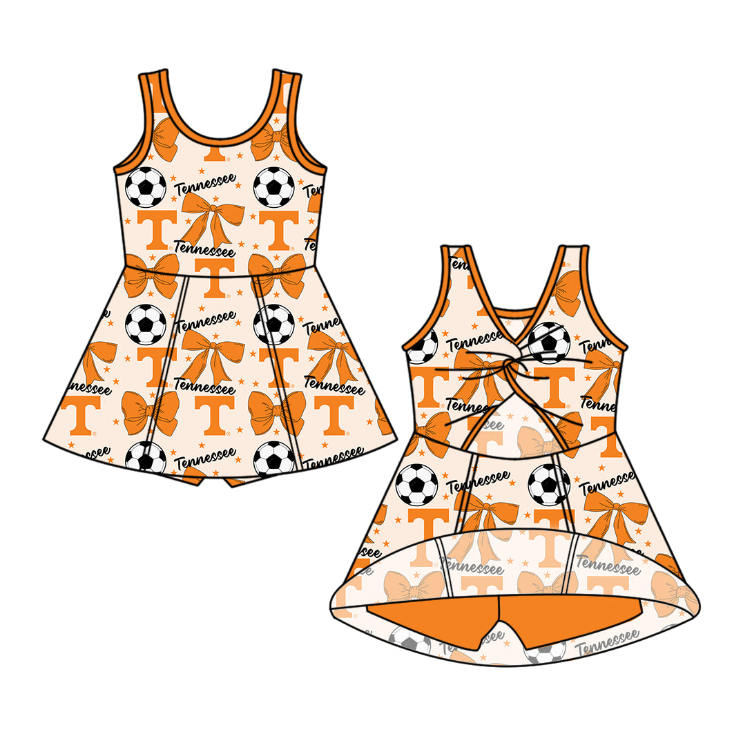 Custom moq 5 each style summer teams baby girls clothes team bow orange long sleeve hooded pants sets and dress 1 and dress 2 and romper-25.6.14