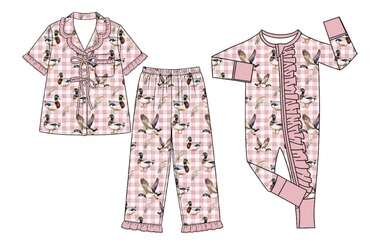 (Preorder new) No moq Baby Girls Pink Gingham Duck Print Ruffle Pajama Set And Zip Romper