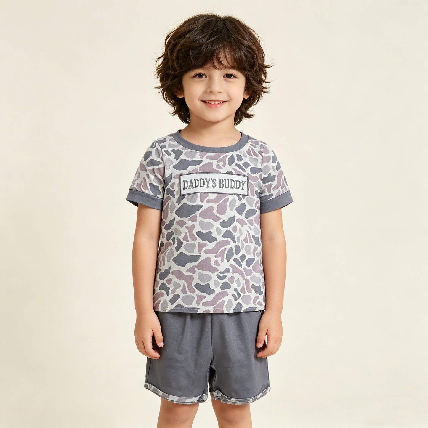 RTS NO MOQ BSSO1838 Baby Boys Light Grey Camo Embroidery Daddy's Buddy Top Pockets Shorts Set