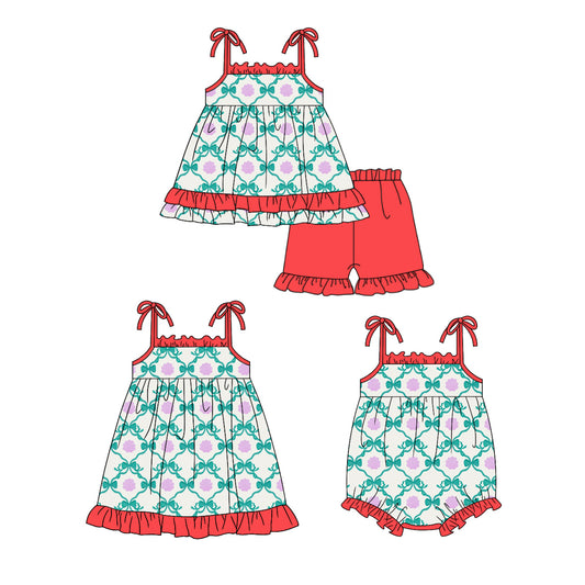 12.24 custom each style moq 5eta 4-6week Sibling Sister bow baby girl short sleeve shorts sets and dress and rompers match family design