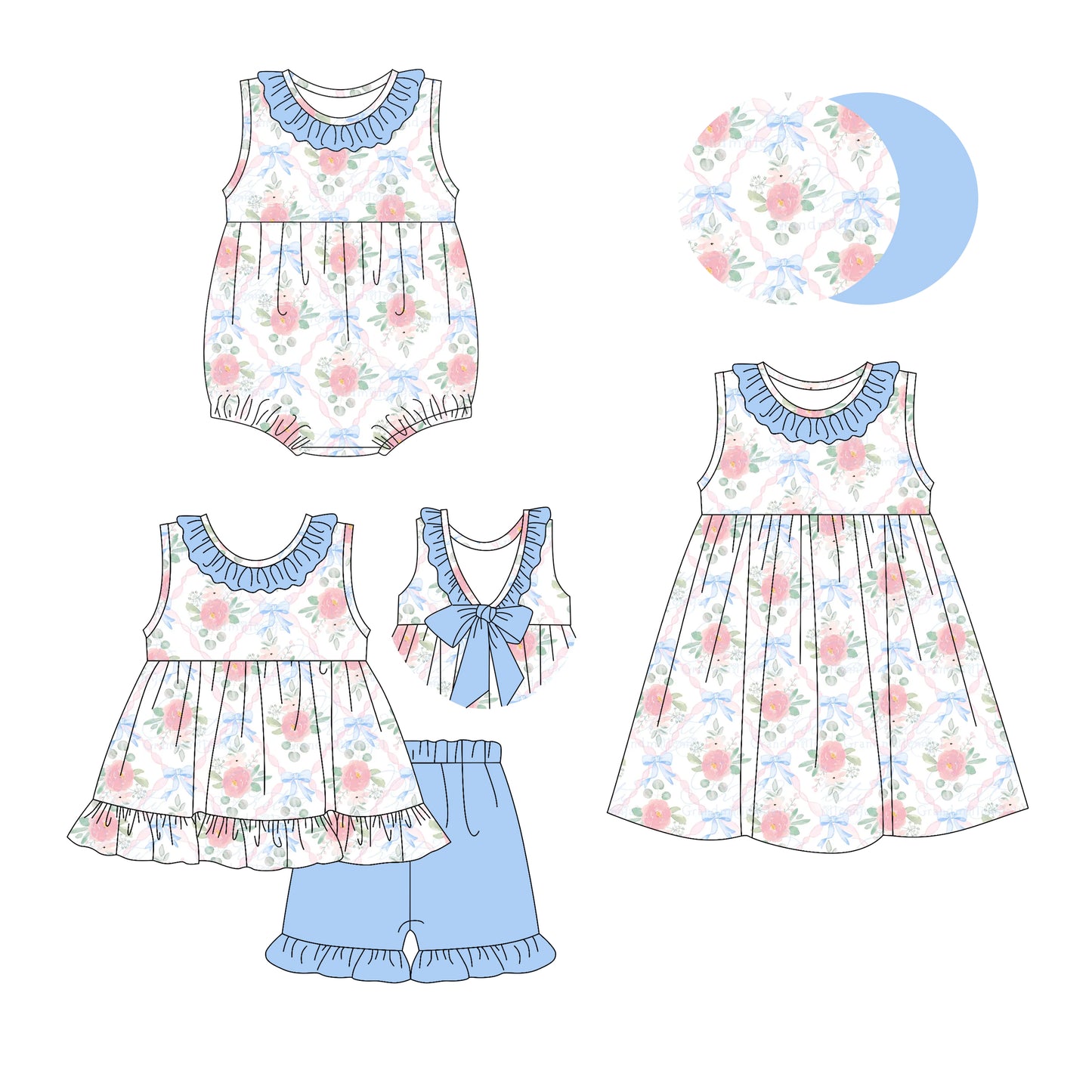 2.25 custom each style moq 5eta 4-6week Sibling Sisters floral bow baby girl short sleeve shorts sets and dress and rompers match family design