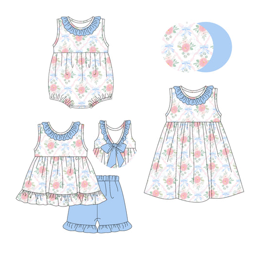 2.25 custom each style moq 5eta 4-6week Sibling Sisters floral bow baby girl short sleeve shorts sets and dress and rompers match family design